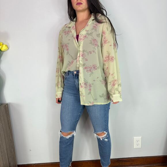 Rena Rowan Green Sheer Button Down Floral Blouse - Picture 1 of 7